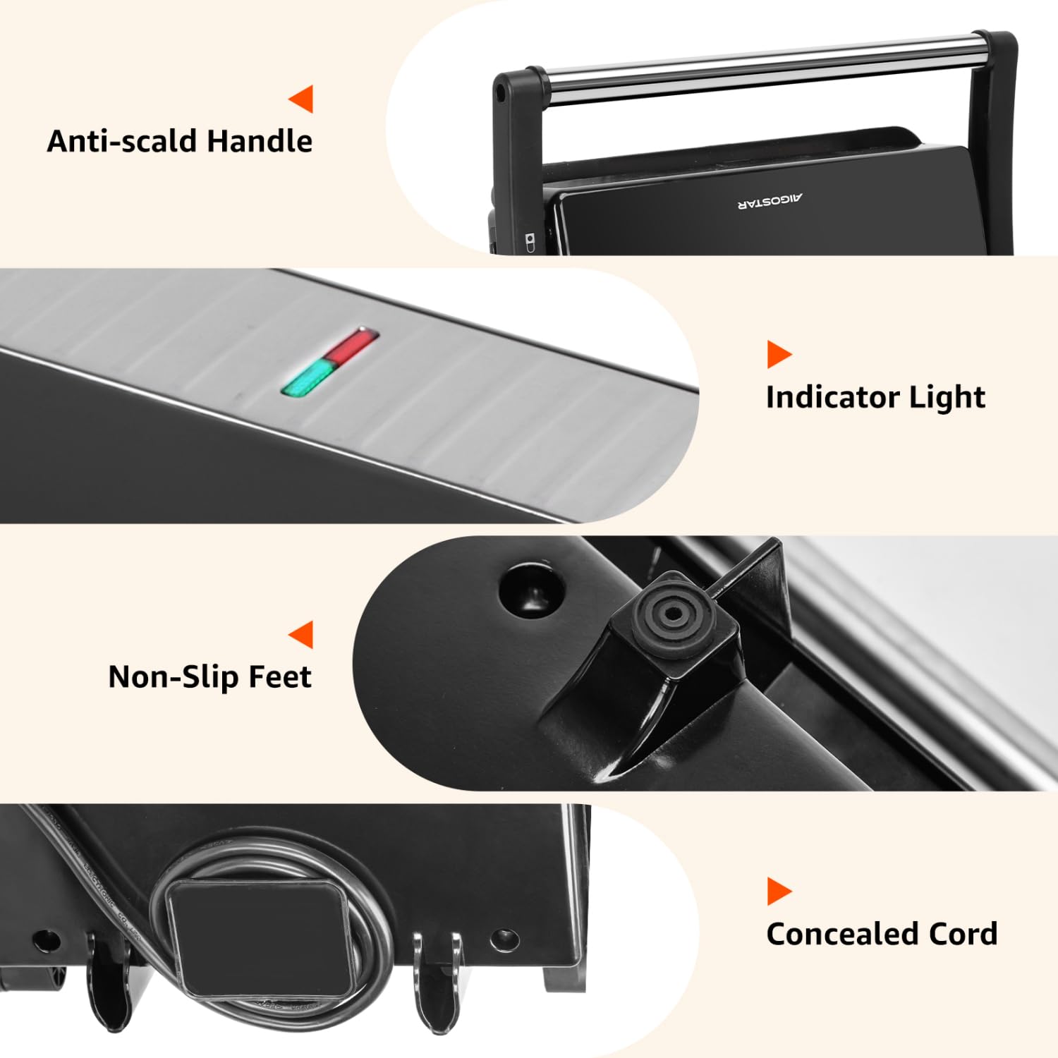 Aigostar panini press with locking lid and cool-touch handle for safe storage.