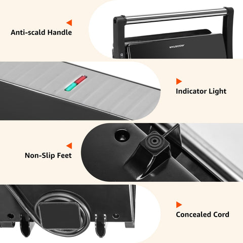 Aigostar panini press with locking lid and cool-touch handle for safe storage.