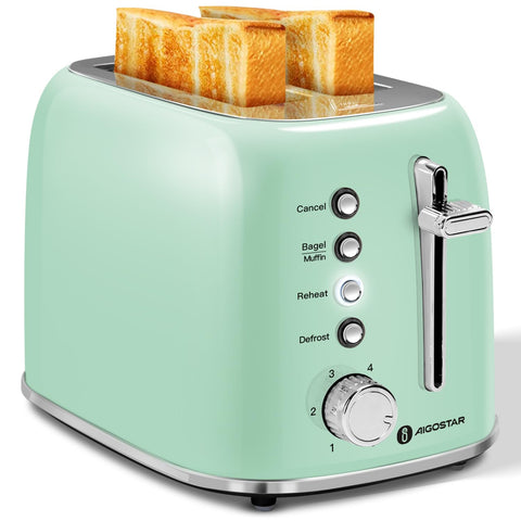 Aigostar 2-slice retro toaster aqua green front view for even browning.