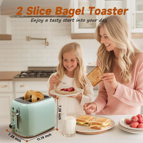Aigostar 2-slice toaster sizzling toast with light to dark browning.