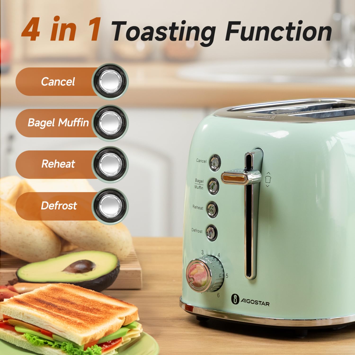Aigostar toaster aqua green side angle highlights wide slots for thick bread.