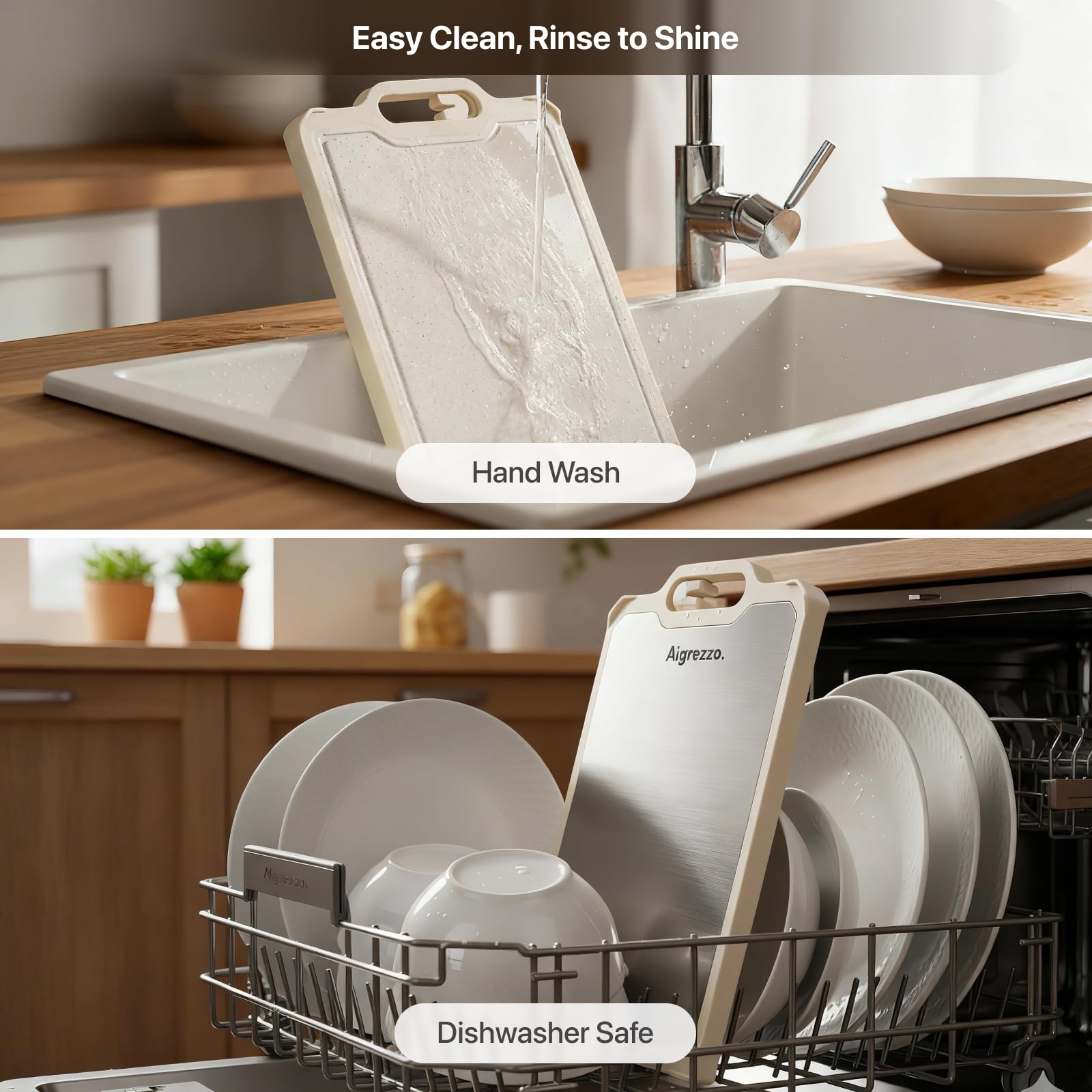 Aigrezzo titanium cutting board 360° rotating base saves counter space.