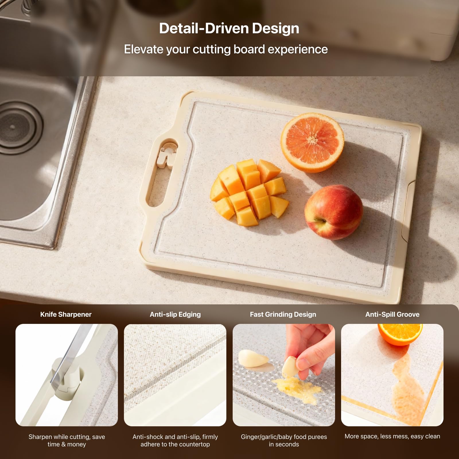 Aigrezzo titanium cutting board garlic and ginger grinder for quick prep.
