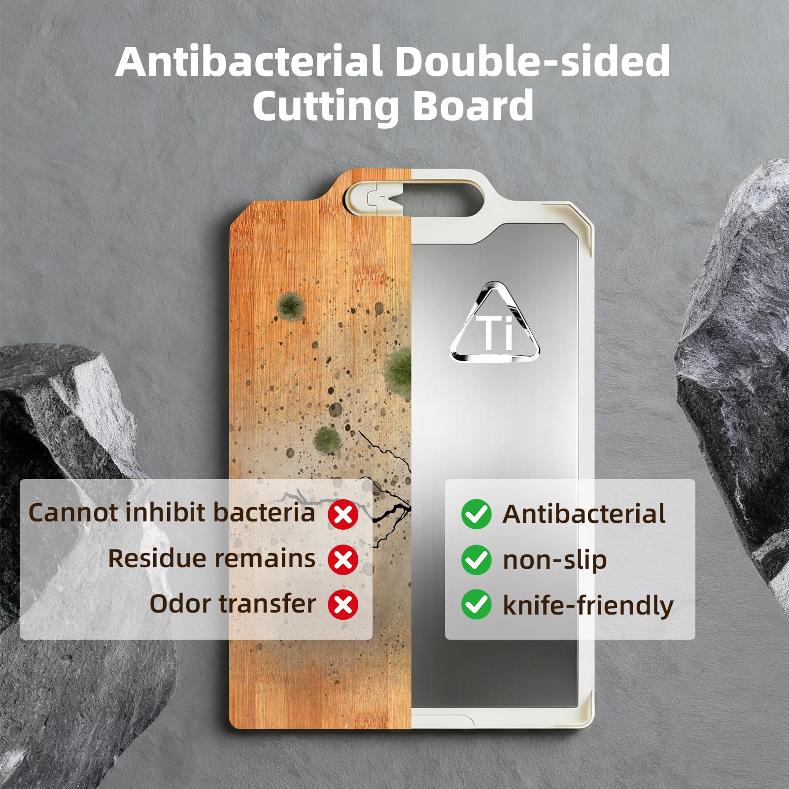 Aigrezzo titanium cutting board with built-in juice groove for mess control.