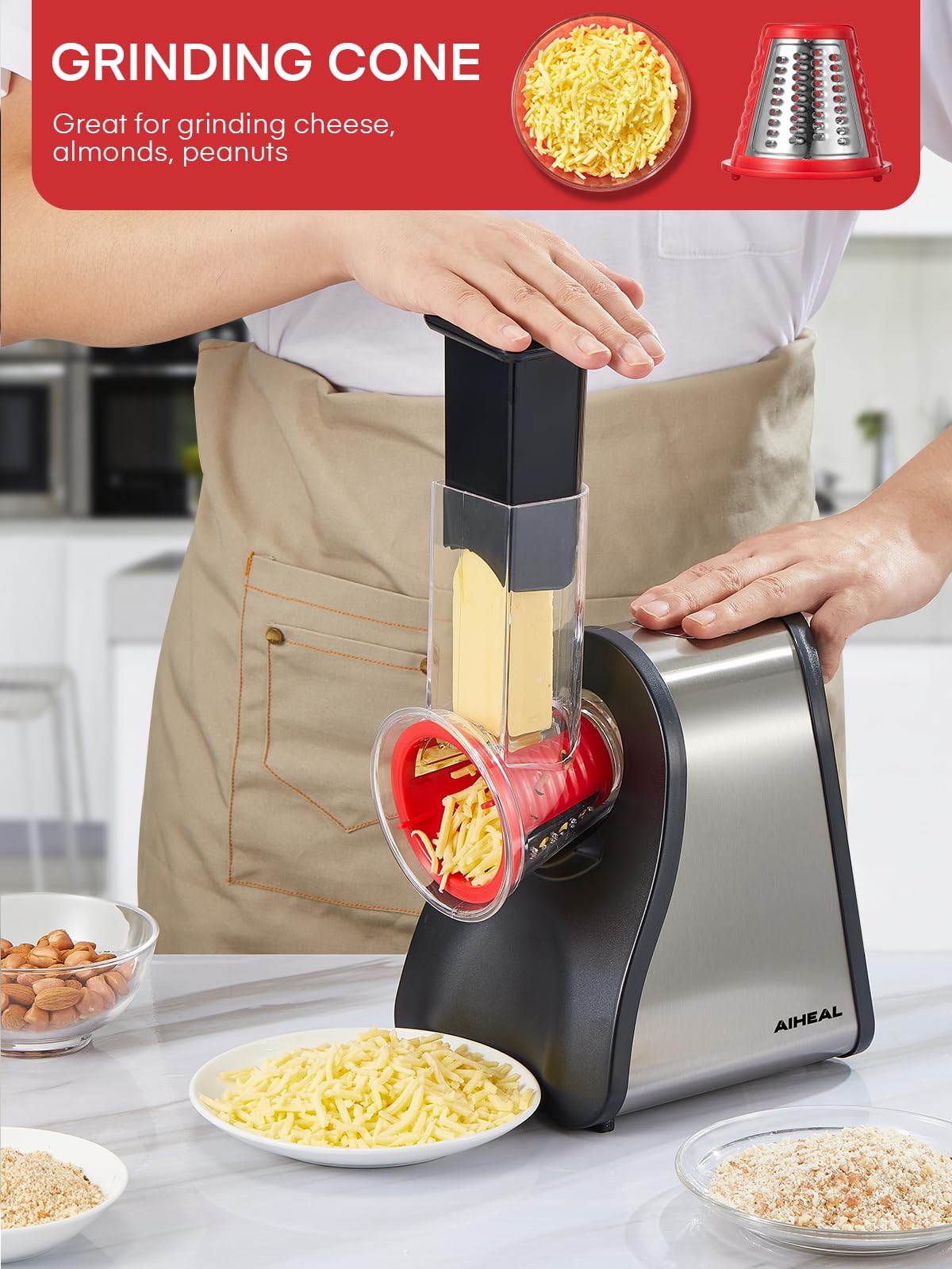 Aiheal 150W motor powers fast, quiet shredding and slicing.