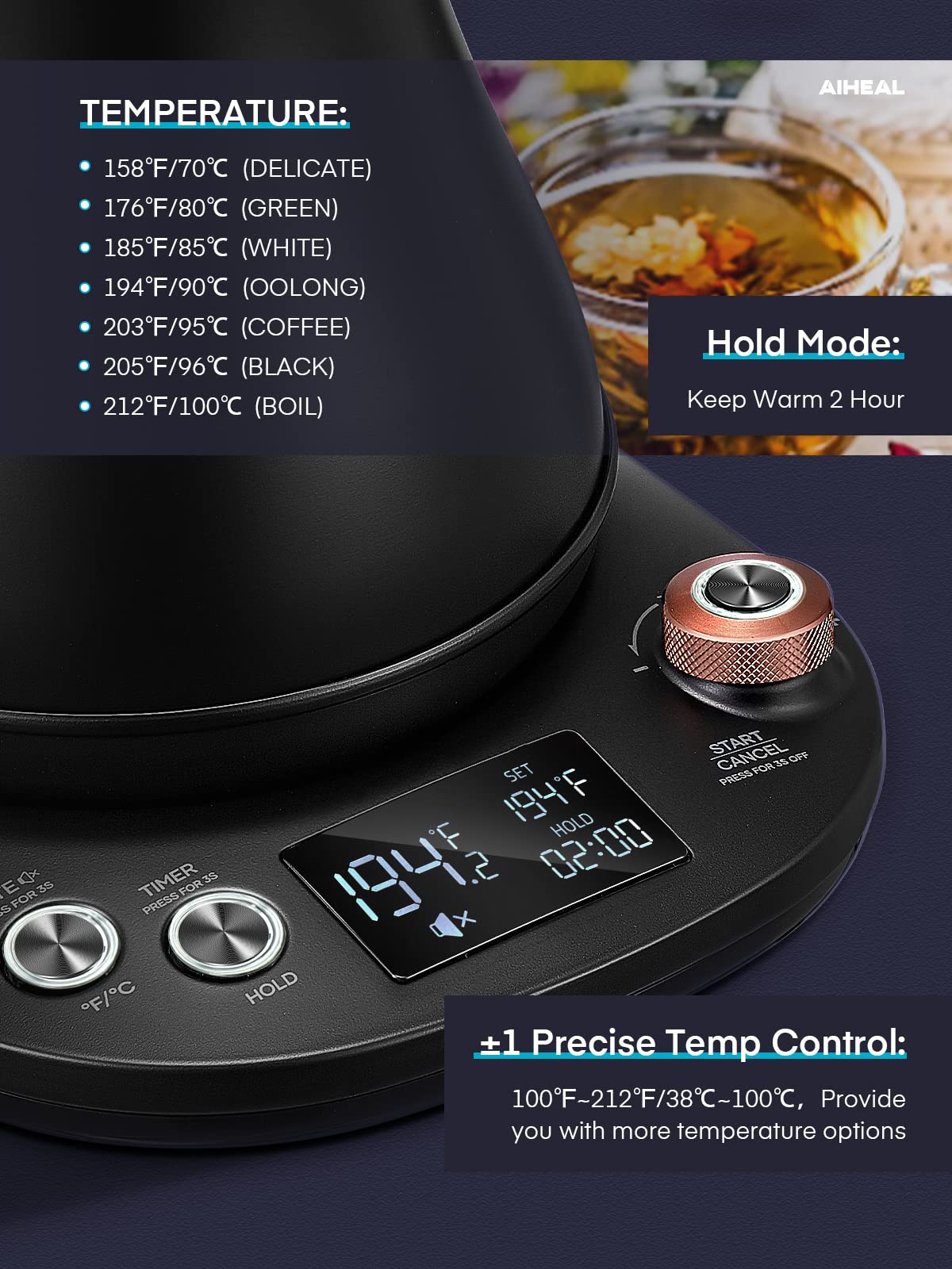 Aiheal NTC sensor and auto shut-off deliver safe, consistent heating.