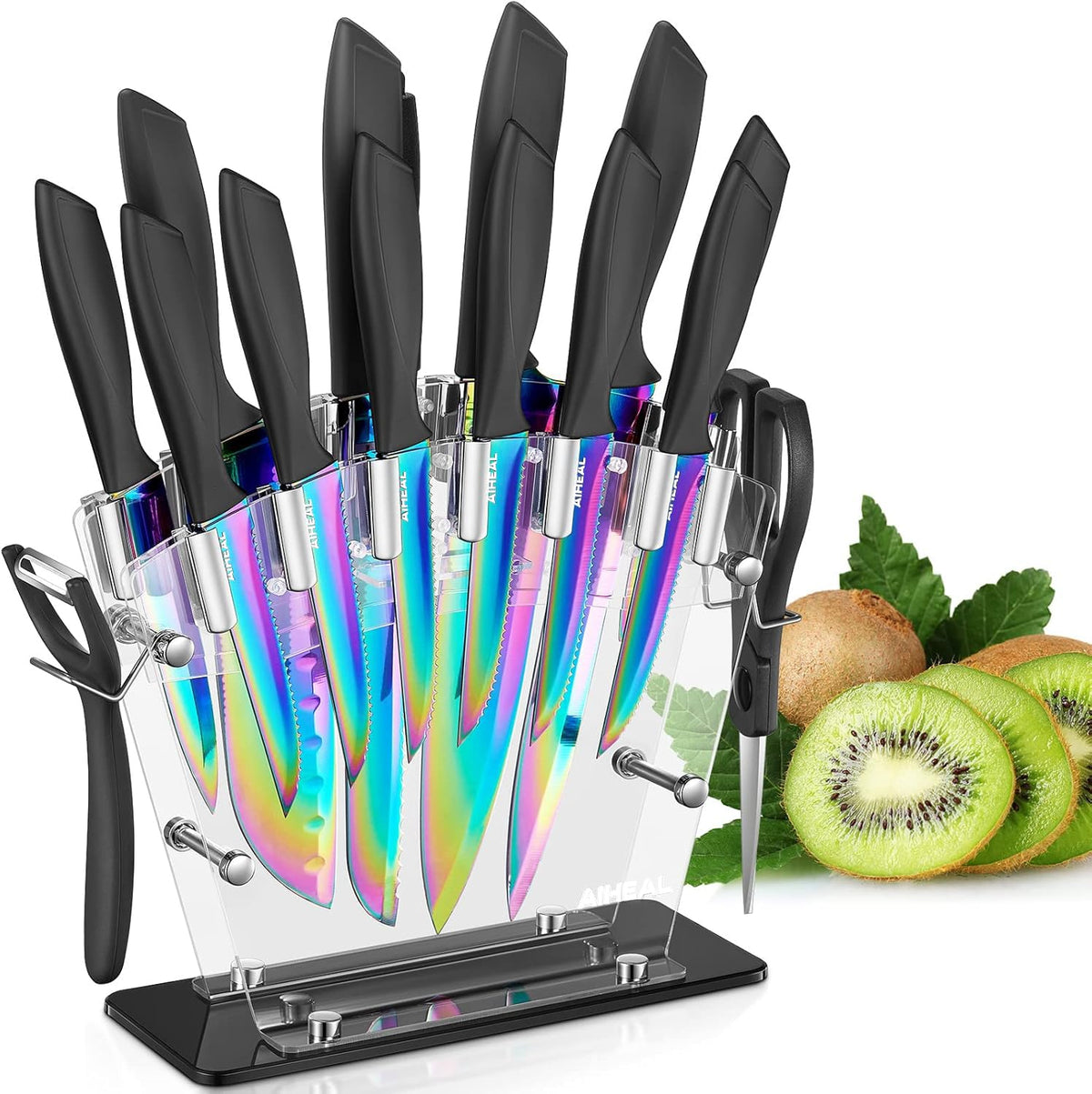 Aiheal 16-piece rainbow knife set with acrylic stand for versatile kitchen prep