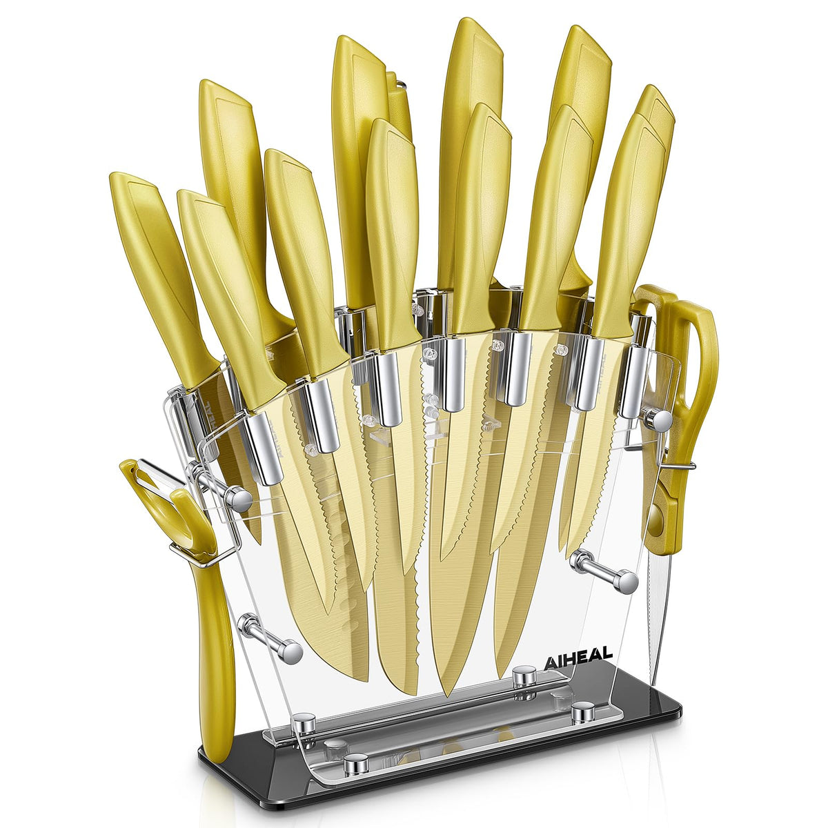 Aiheal 16-piece knife set with golden-titanium blade for precise kitchen tasks