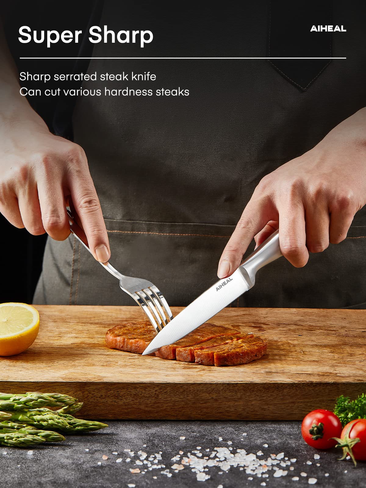 Aiheal knife slices beef steak to show effortless cutting