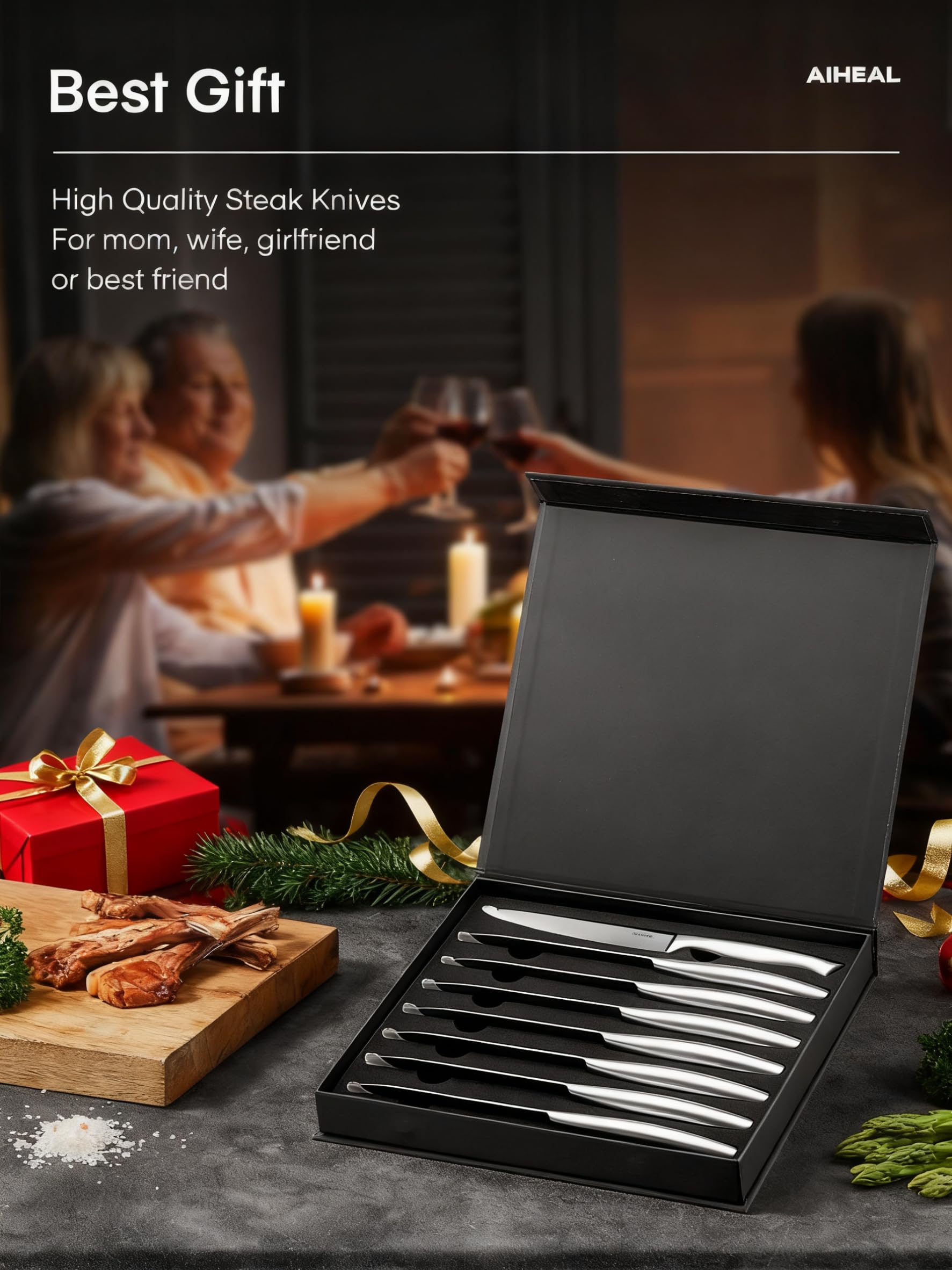 Aiheal knives stored in block, showcasing organized stainless steel set