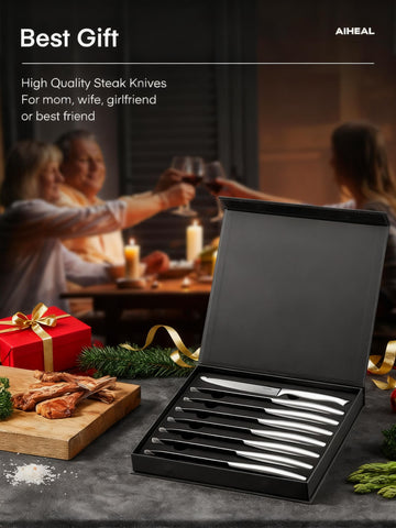 Aiheal knives stored in block, showcasing organized stainless steel set