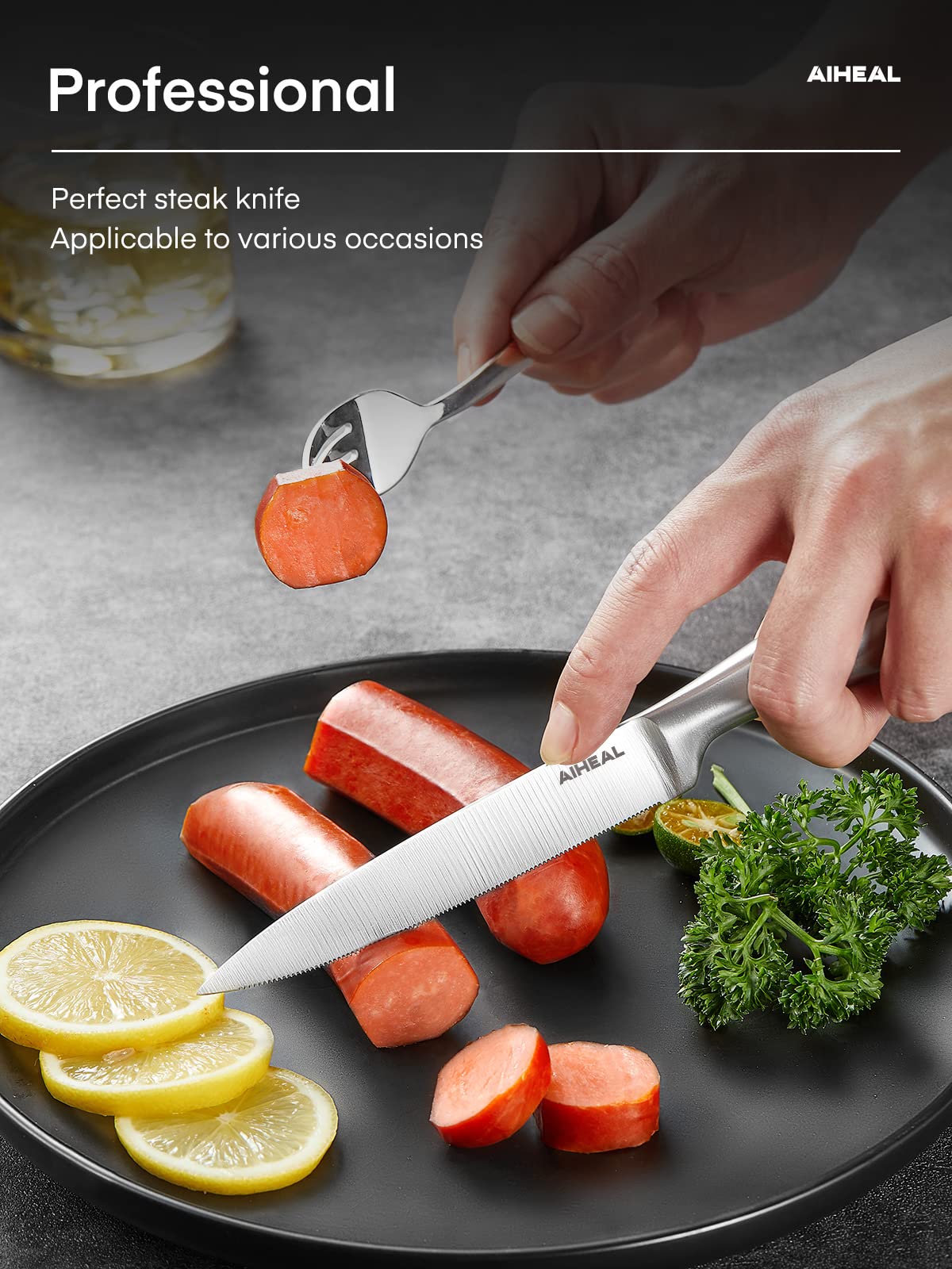 Aiheal steak knives in kitchen and camping scenes