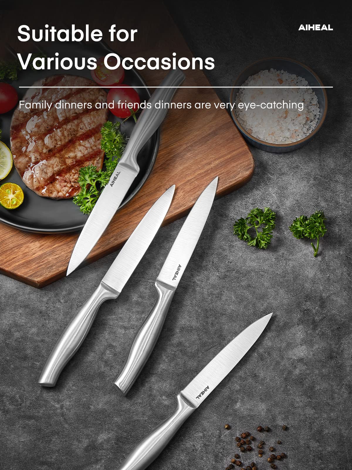 Aiheal steak knives close-up, easy to clean after meals