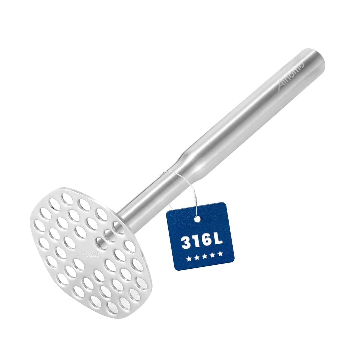 Aihomo 316L masher head close-up showing durable stainless steel for long-lasting mashing.