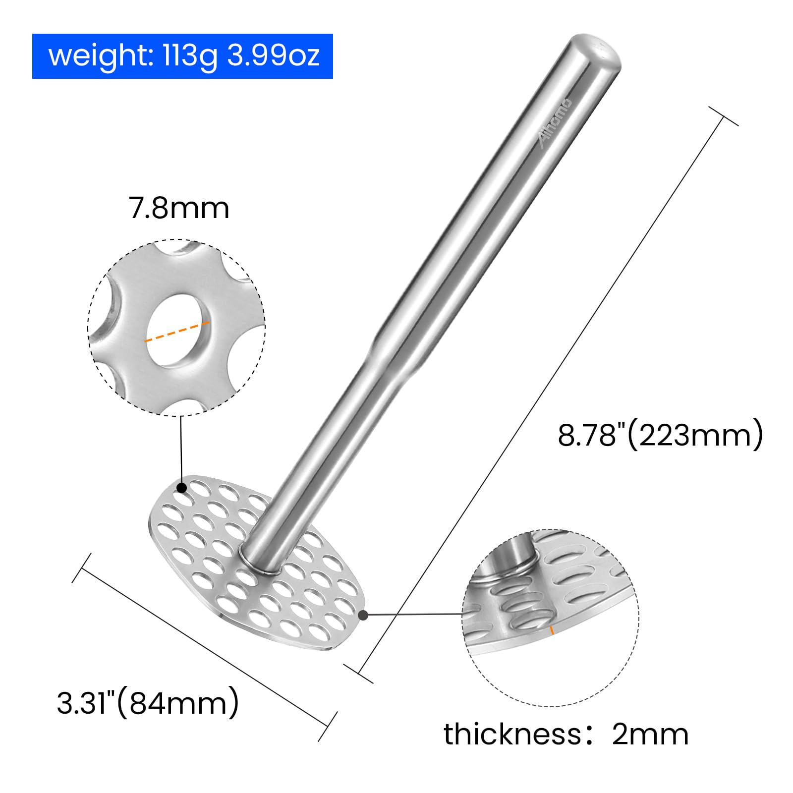 Aihomo masher handle close-up with ergonomic grip for comfortable use.