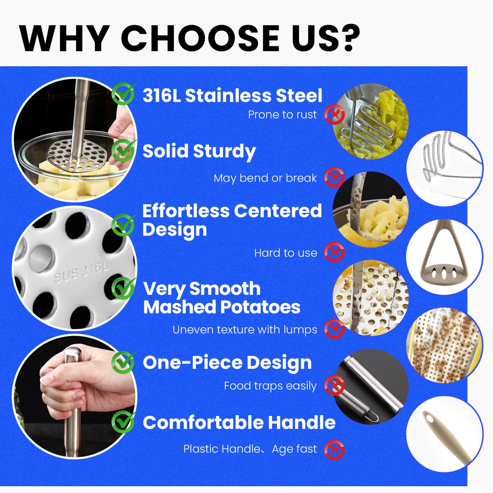 Versatile Aihomo masher used for potatoes, avocados, beans, and squash.