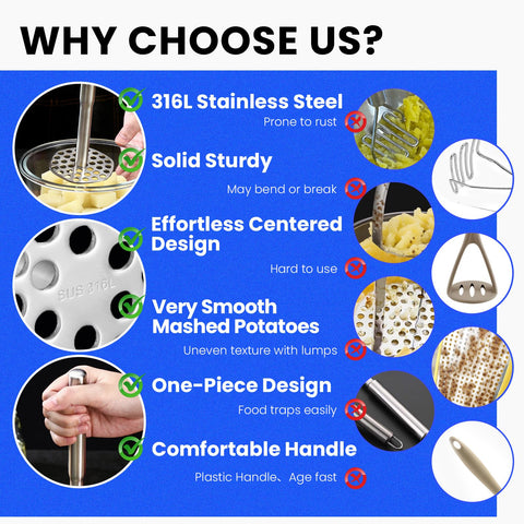 Versatile Aihomo masher used for potatoes, avocados, beans, and squash.