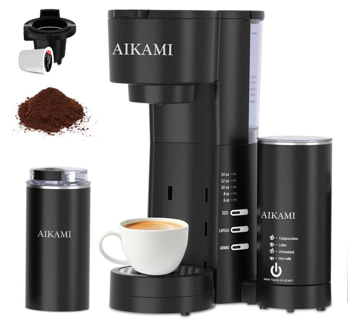 AIKAMI 4-in-1 coffee maker on kitchen counter for versatile daily brewing