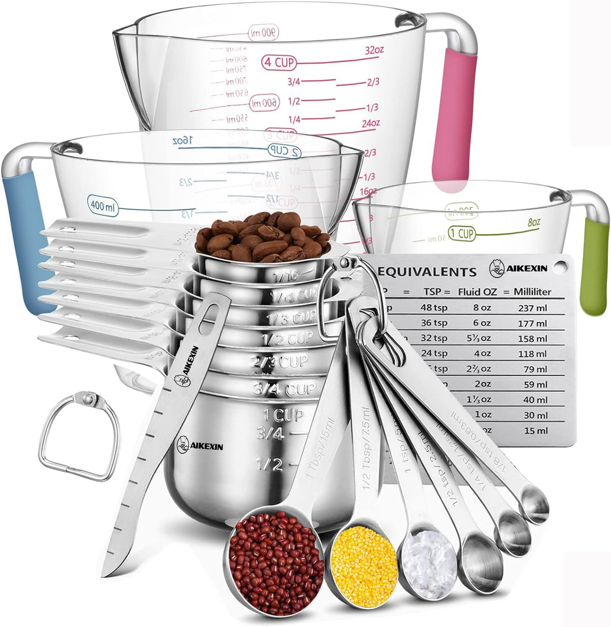 AIKEXIN 20-piece set with nesting cups and spoons for organized kitchen storage