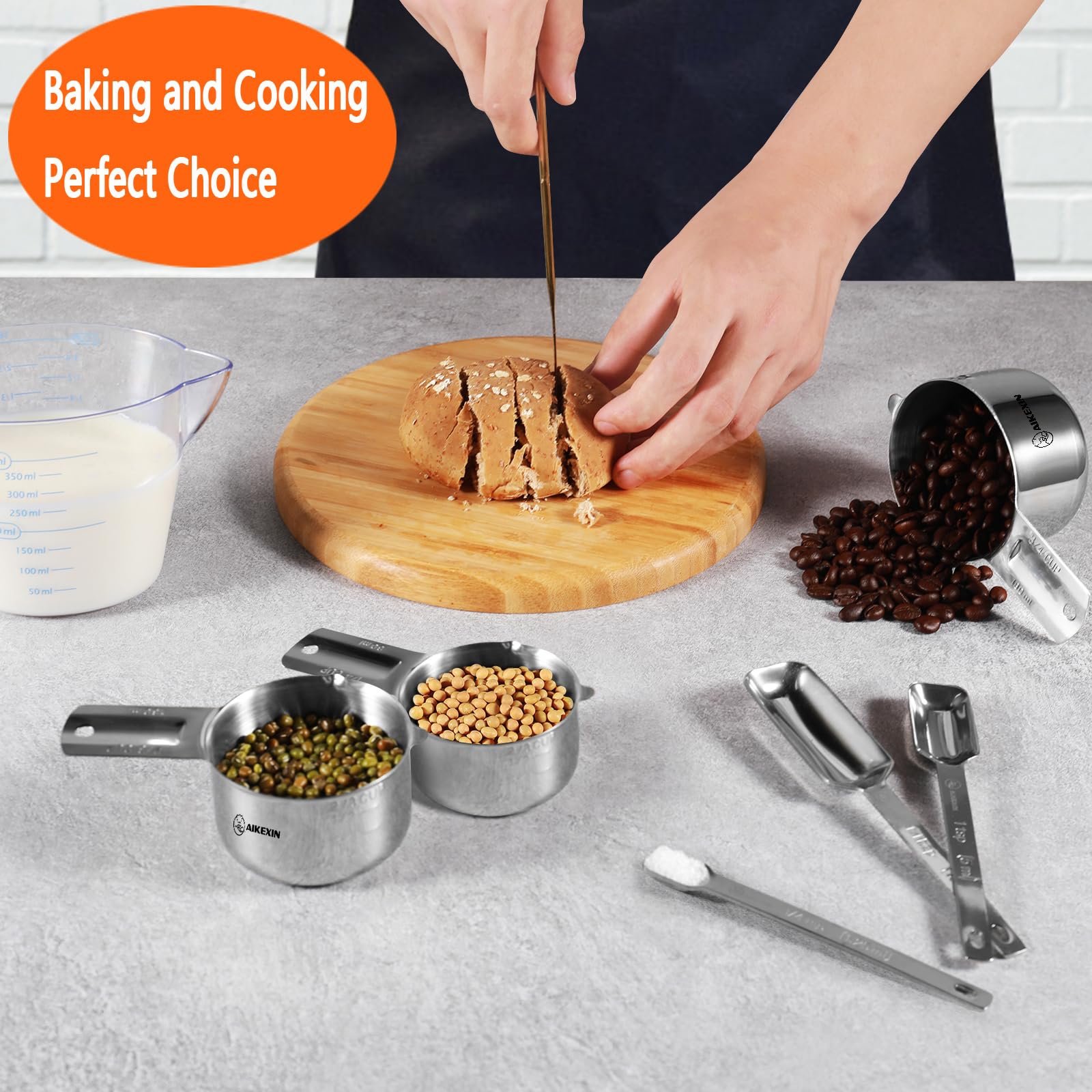 AIKEXIN premium stainless steel measuring cups for rust-resistant durability.