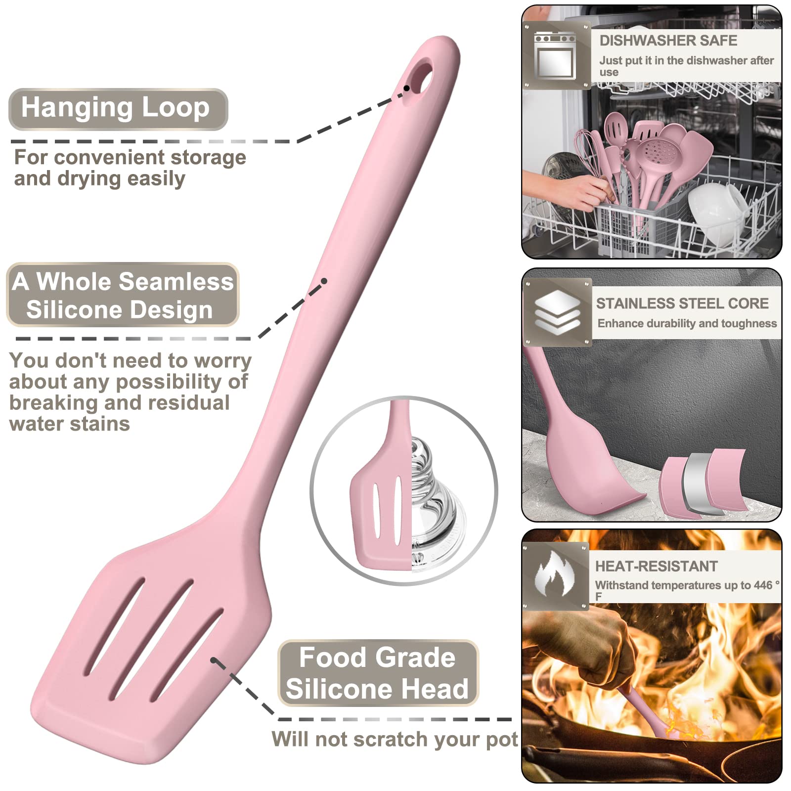 AIKKIL kitchen tongs grip securely without scratching cookware in pink set.