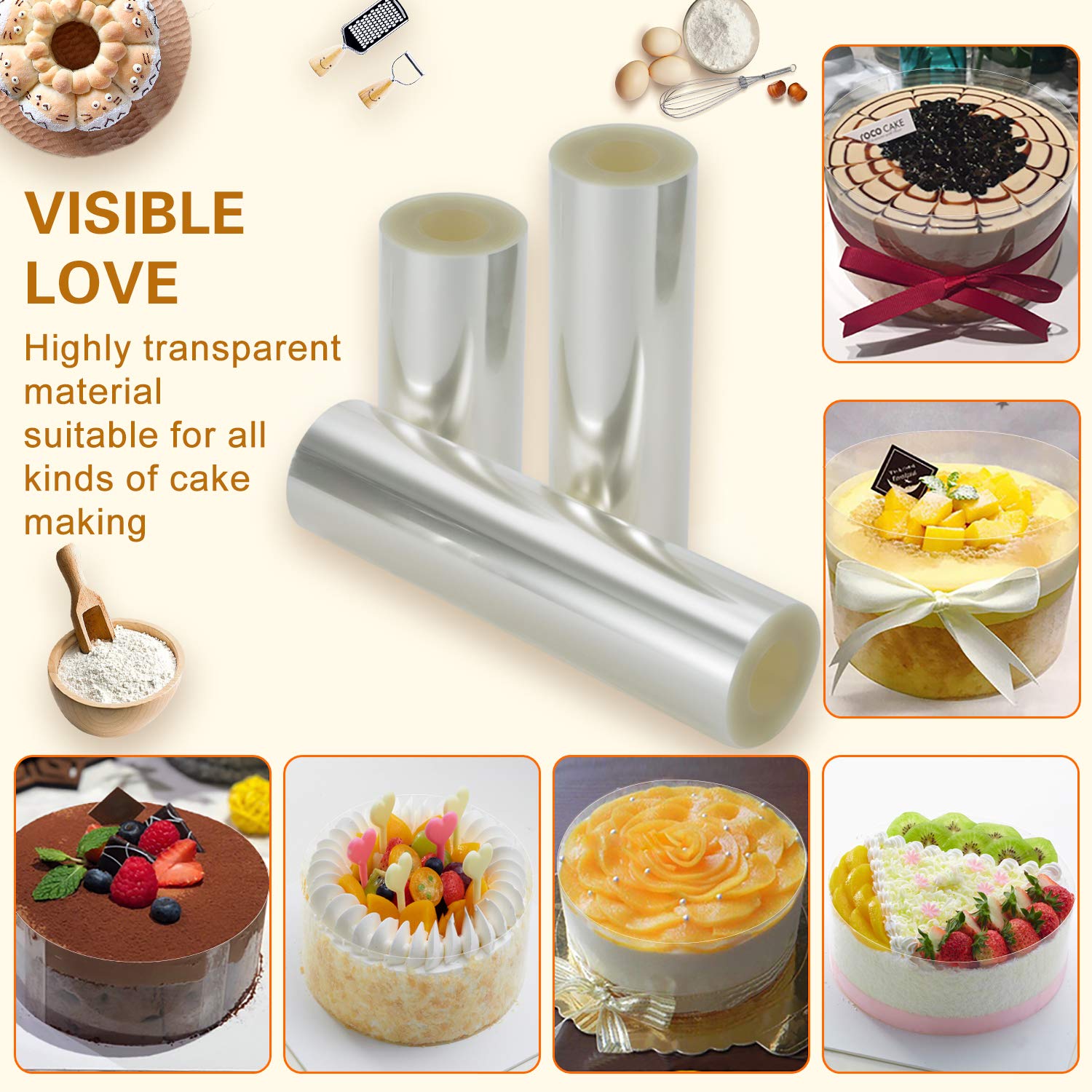 Ailaxq cake collars 8x394inch, transparent acetate sheet for mousse cakes.