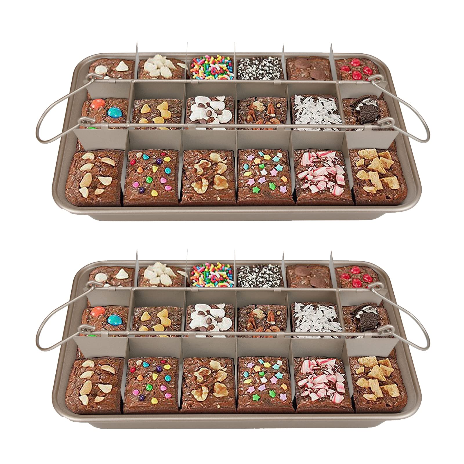 Ailelan brownie pan with dividers showing 18 pre-slice sections for even baking