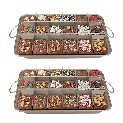 Ailelan brownie pan with dividers showing 18 pre-slice sections for even baking