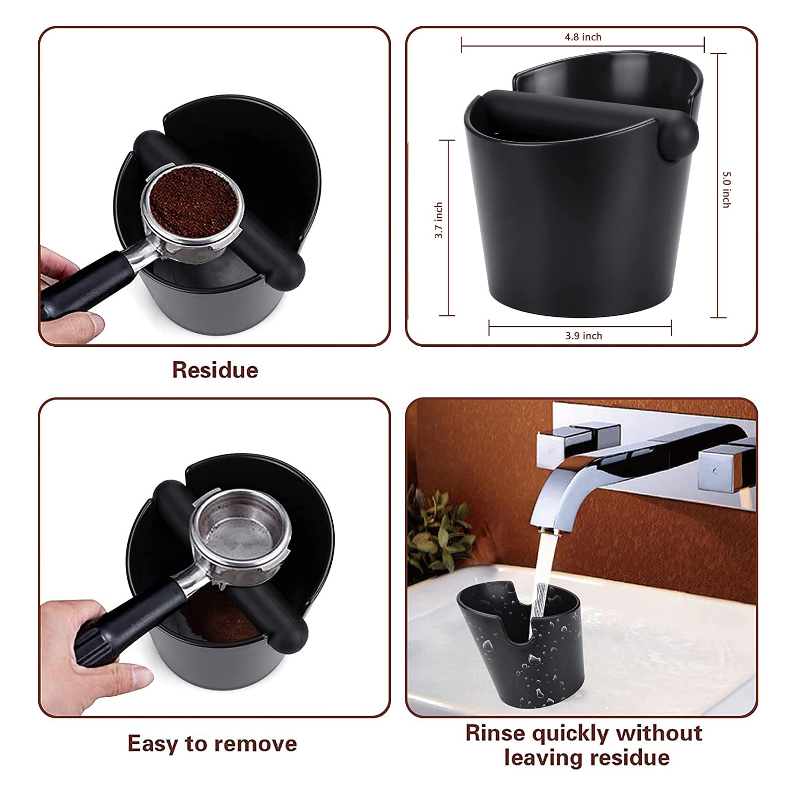 Ailelan knock box beneath an espresso machine, ideal for quick waste disposal.