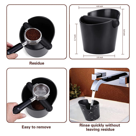 Ailelan knock box beneath an espresso machine, ideal for quick waste disposal.