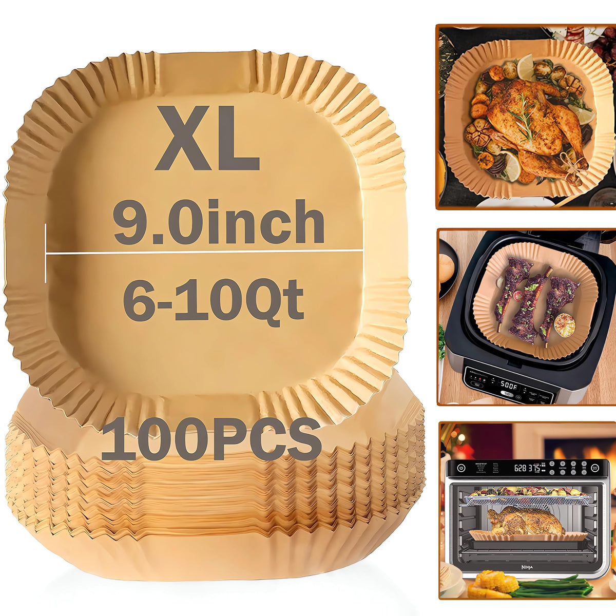 Ailifeer 9inch XL square air fryer liner pack, oil-proof and non-stick for easy cleanup.