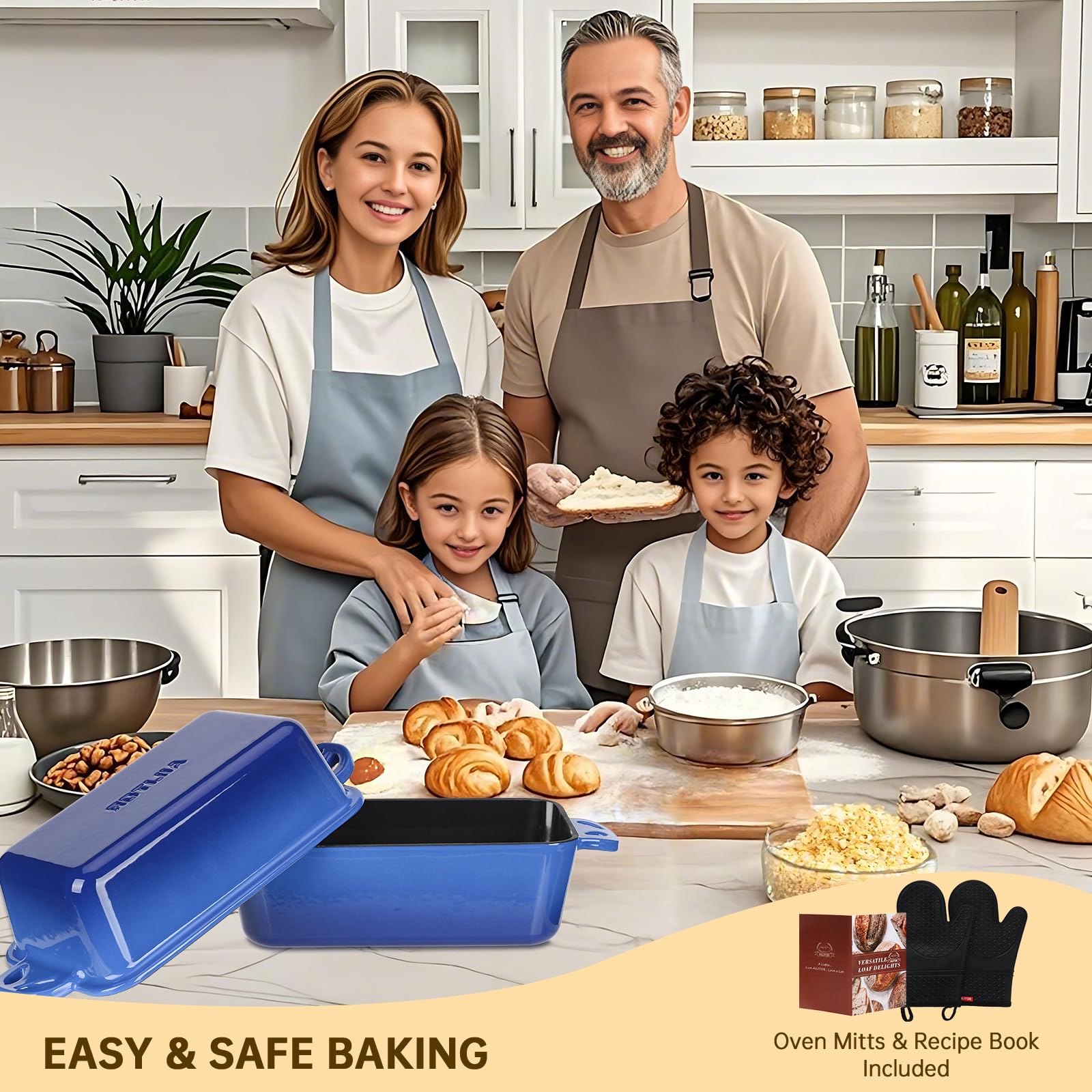 AILITOR 9x5 loaf pan with lid on highlights 2-in-1 baking versatility.