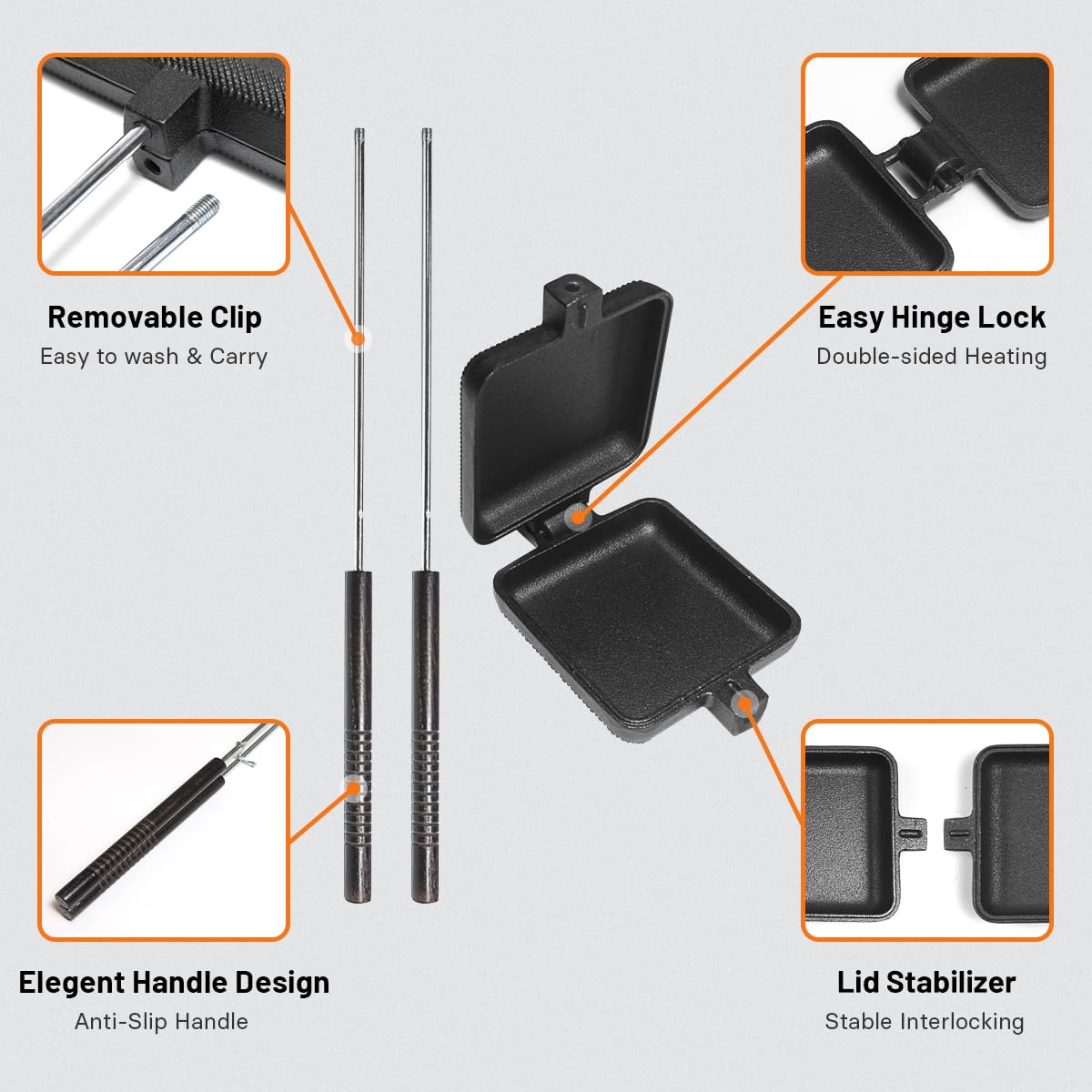 AILITOR cast-iron head highlights durability during high-heat campfire cooking sessions.