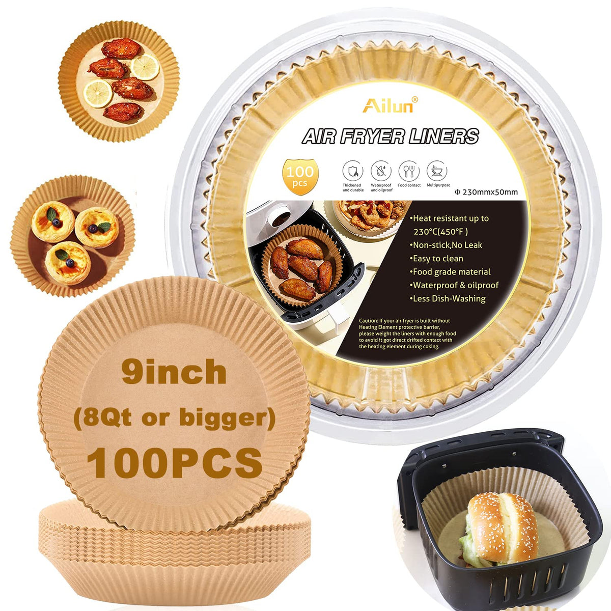 Ailun 9-inch air fryer liner in tray keeps fryer clean.