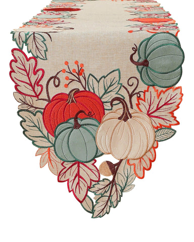 AILUOQI Thanksgiving table runner with embroidered pumpkins enhances autumn dining ambiance.