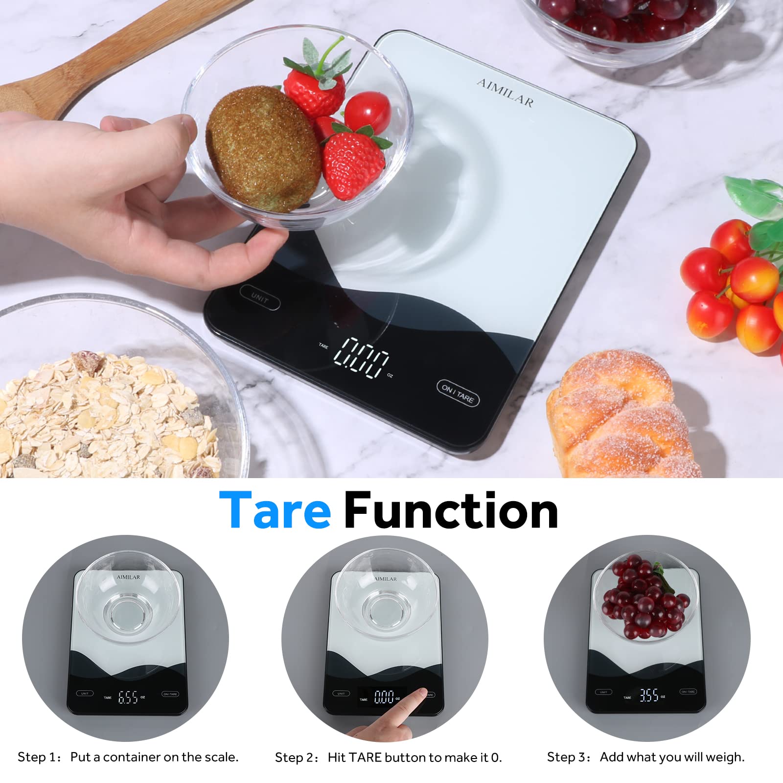 AIMILAR compact kitchen scale ideal for baking and cooking tasks.