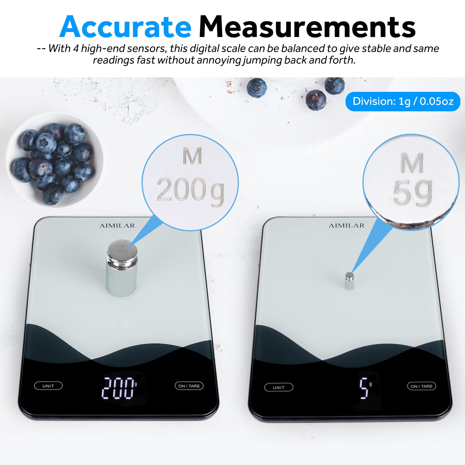 AIMILAR tempered glass platform for easy cleaning and stable weighing.