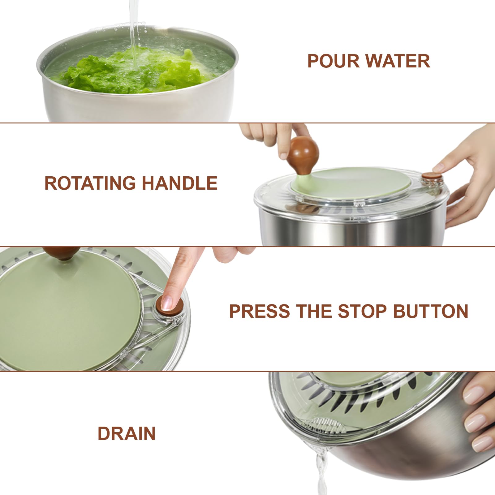 Ainmvnos salad spinner stainless steel durability resists wear for daily use.