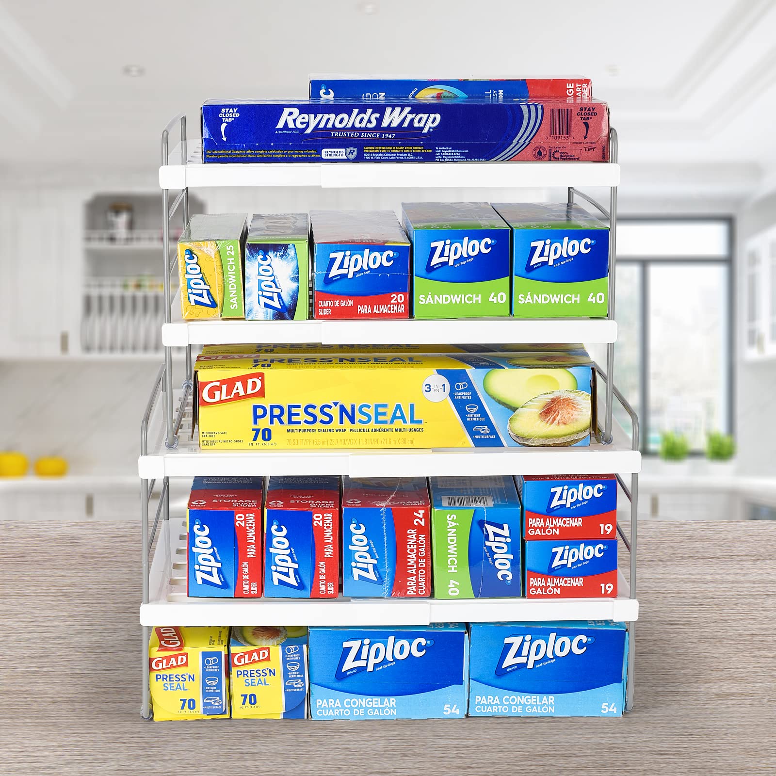 Aionvidas 3-tier wrap organizer on countertop keeps foil and wrap within reach