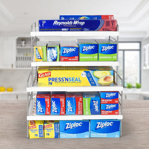 Aionvidas 3-tier wrap organizer on countertop keeps foil and wrap within reach