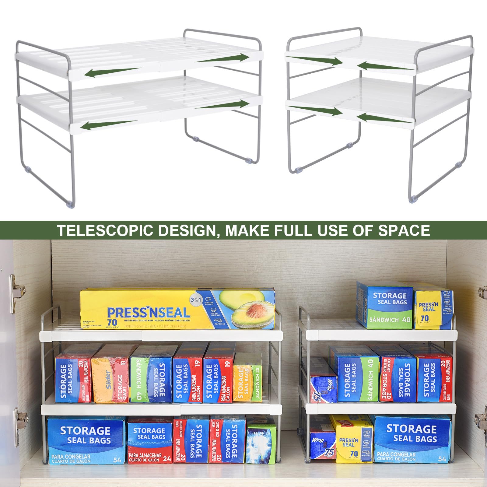 Aionvidas multi-use kitchen shelf stores wraps, spices, and containers.