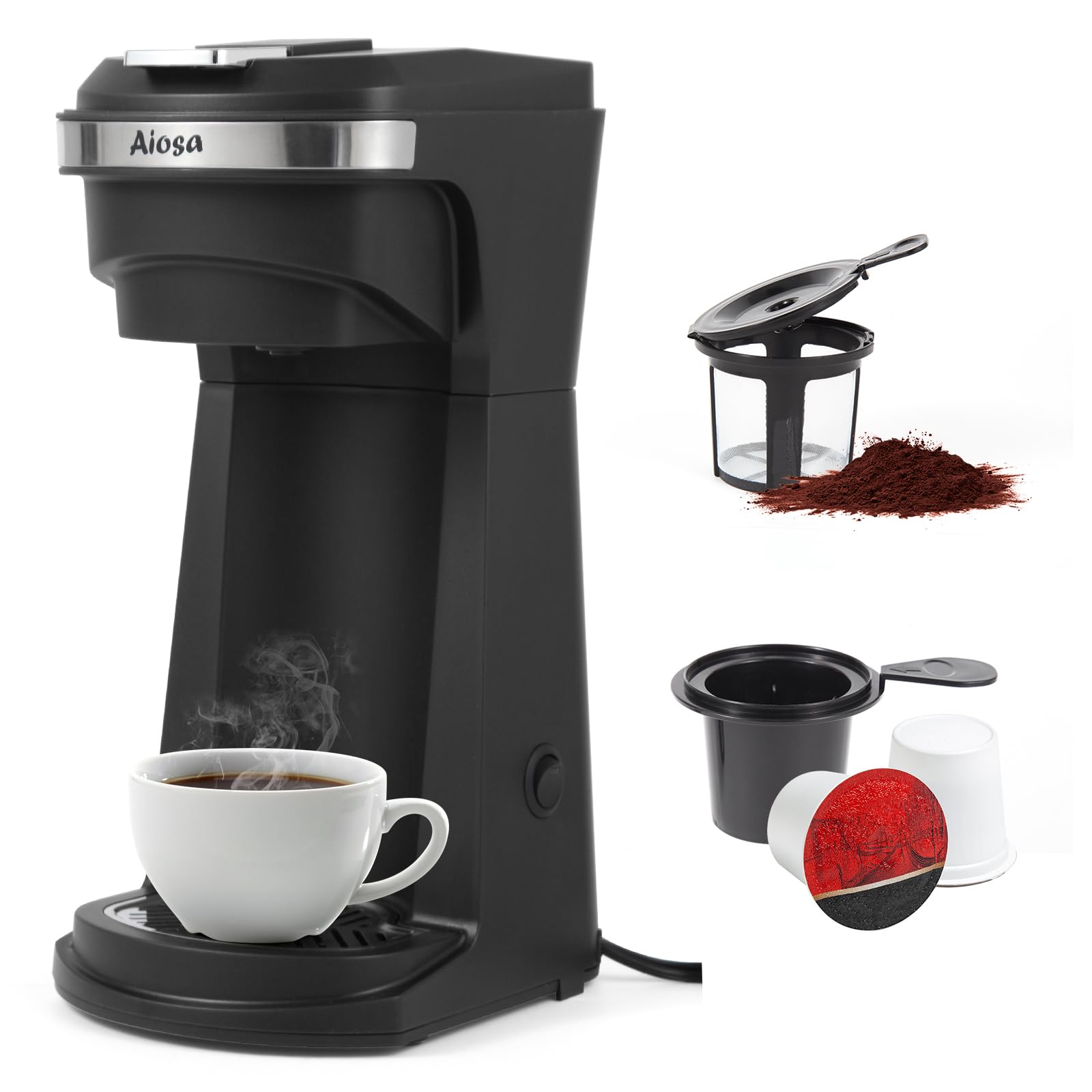 Aiosa 2-in-1 KCup coffee maker preparing a fresh brew, highlighting quick startup and brew speed.