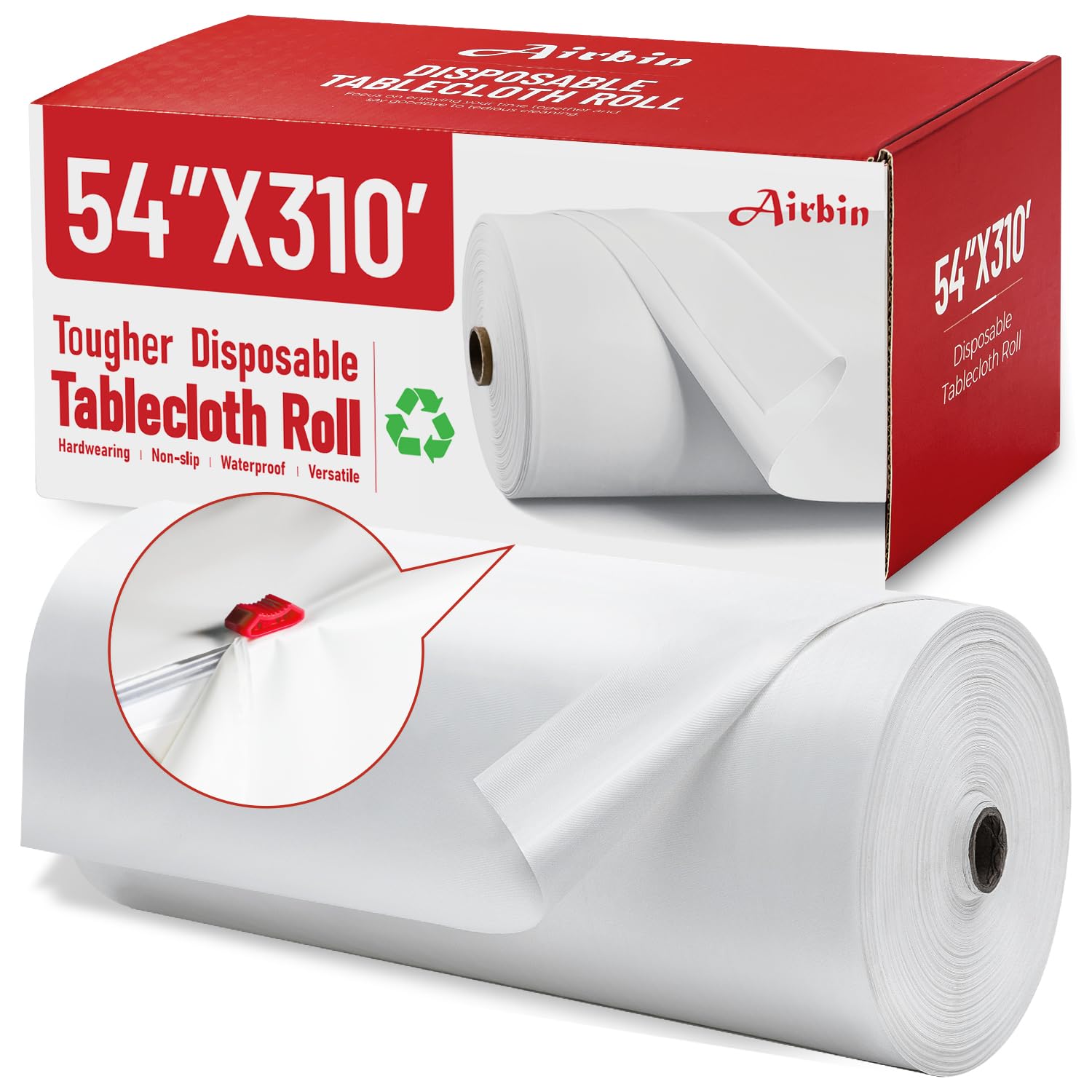 Airbin white disposable tablecloth roller unrolled for a clean, ready-to-use setup.