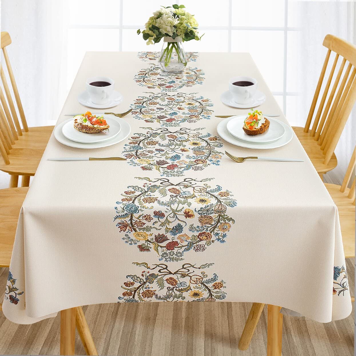 AIRCOWRIE embroidered flower tablecloth 54x108 rectangle, waterproof and easy to wipe clean.