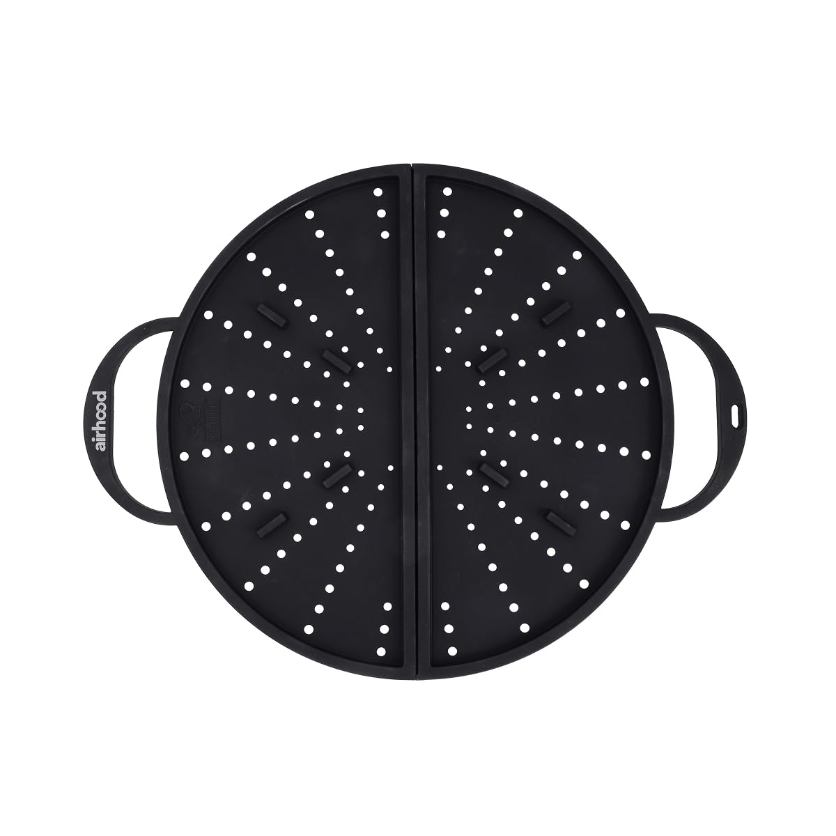 AirHood foldable silicone splatter screen over pan, protecting counters from grease.
