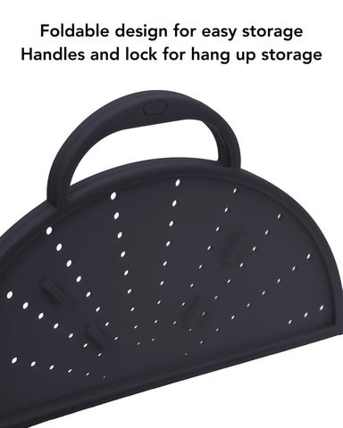 AirHood induction-compatible splatter screen fits pans securely for quick checks.