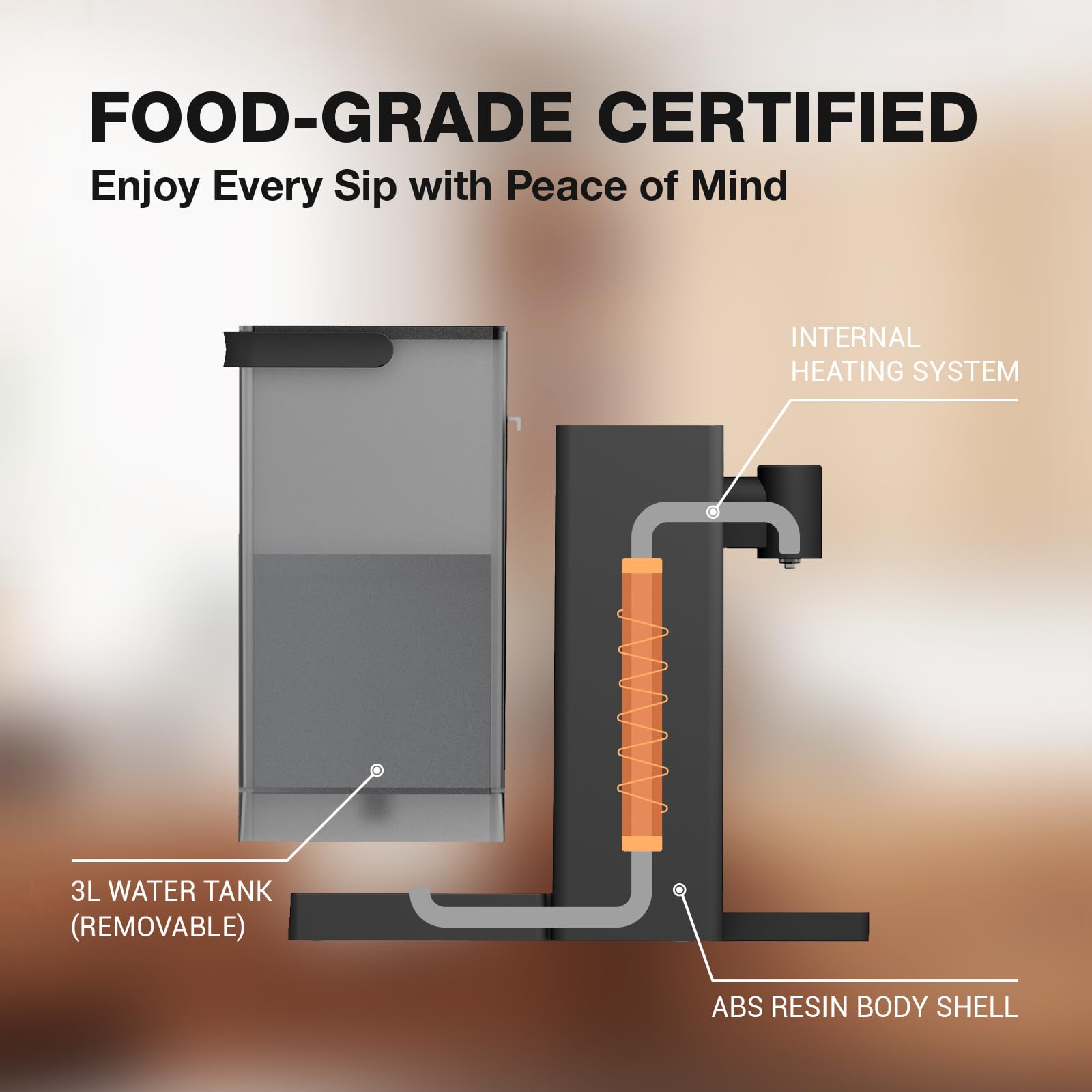 AirHOP five-temperature presets for coffee, tea, or cocoa