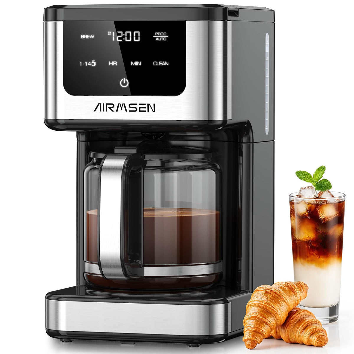 AIRMSEN 14-cup coffee maker top view showing timer-ready display for easy mornings