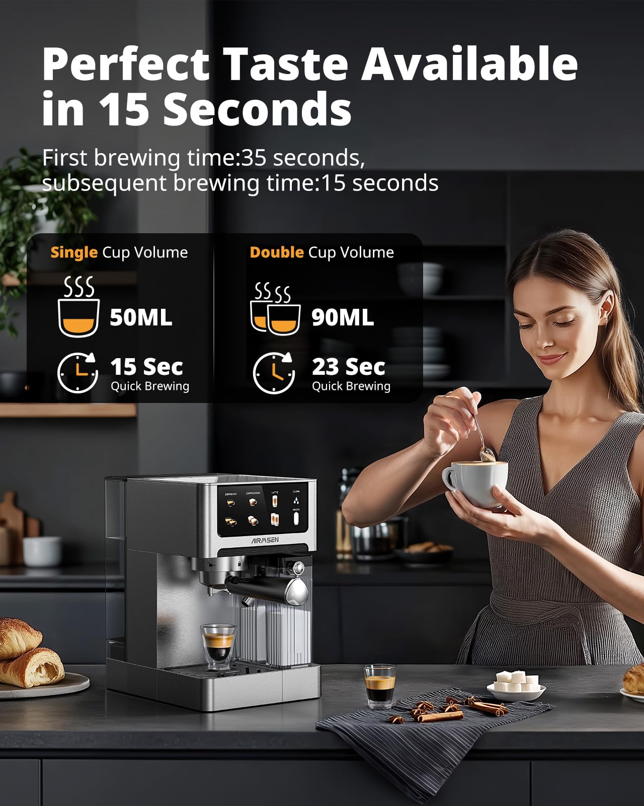 AirMSEN 20-bar pump espresso focus on rich oils and crema.