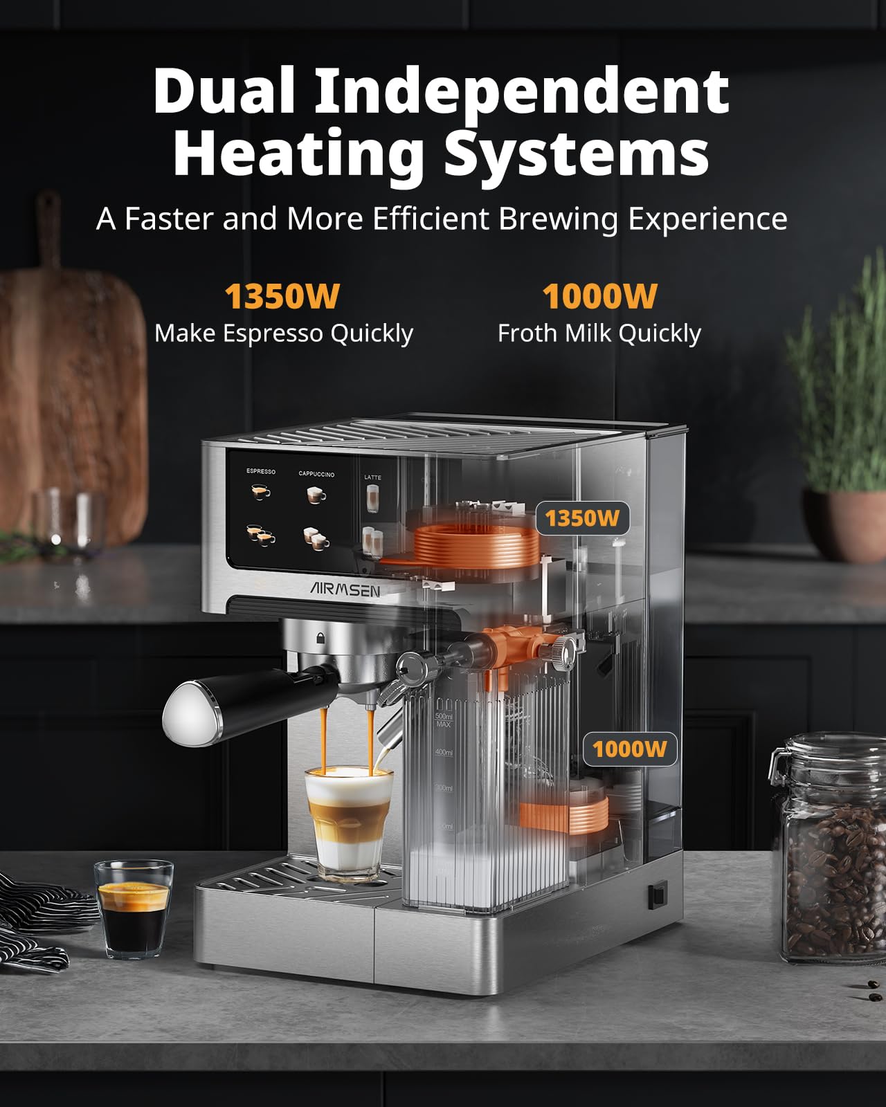 AirMSEN dual-boiler system close-up for stable temperature control.